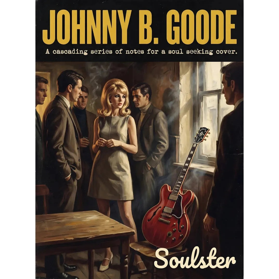 Soulster cinematic vintage pulp book cover art print illustration styled in a classic 1960s theme inspired by Johnny B. Goode.