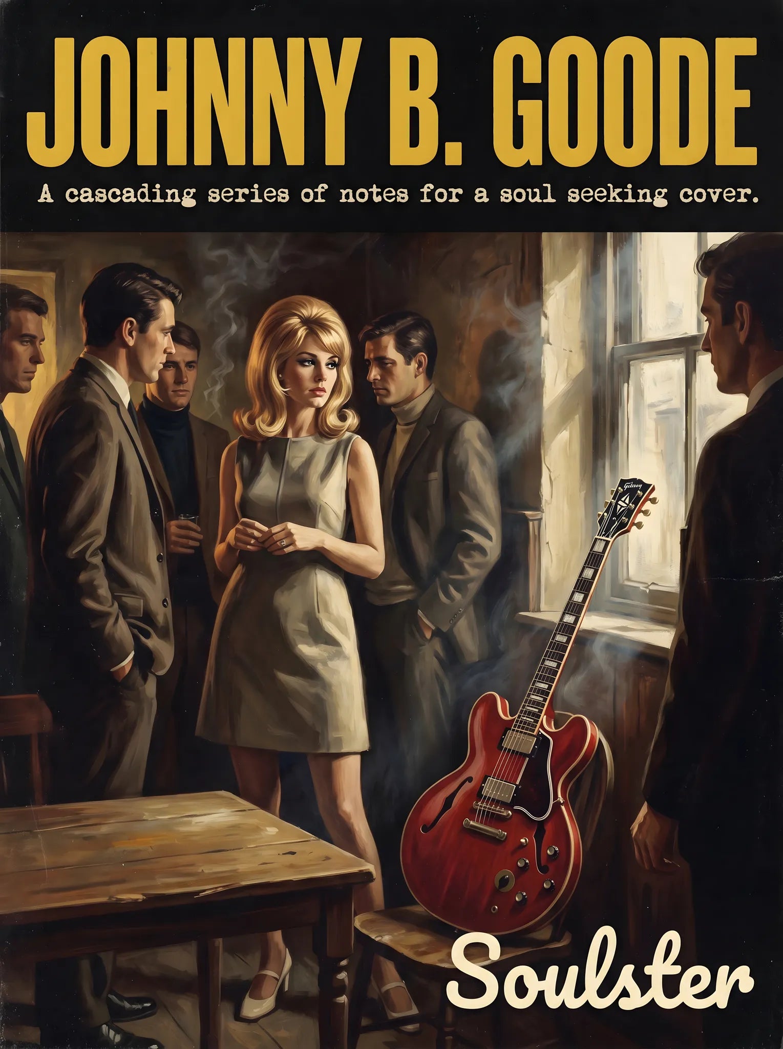 Soulster cinematic vintage pulp book cover art print illustration styled in a classic 1960s theme inspired by Johnny B. Goode.