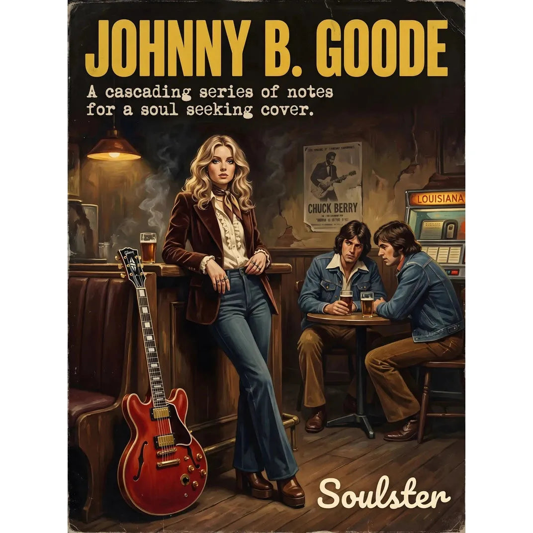 Soulster cinematic vintage pulp book cover art print illustration styled in a classic 1970s theme inspired by Johnny B. Goode.