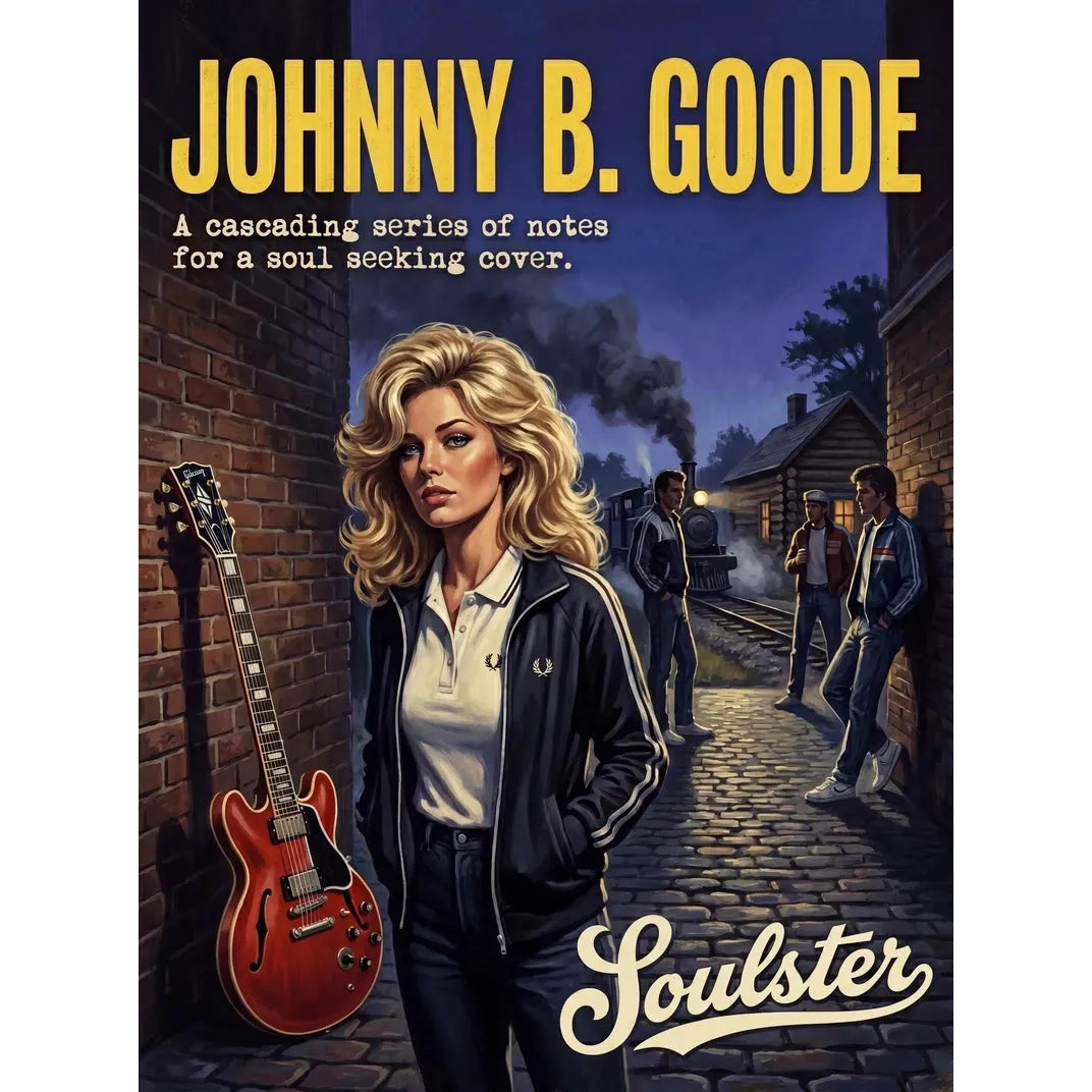 Soulster retro pulp thriller book cover style art print illustration inspired by Alternative Indie - Johnny B. Goode.