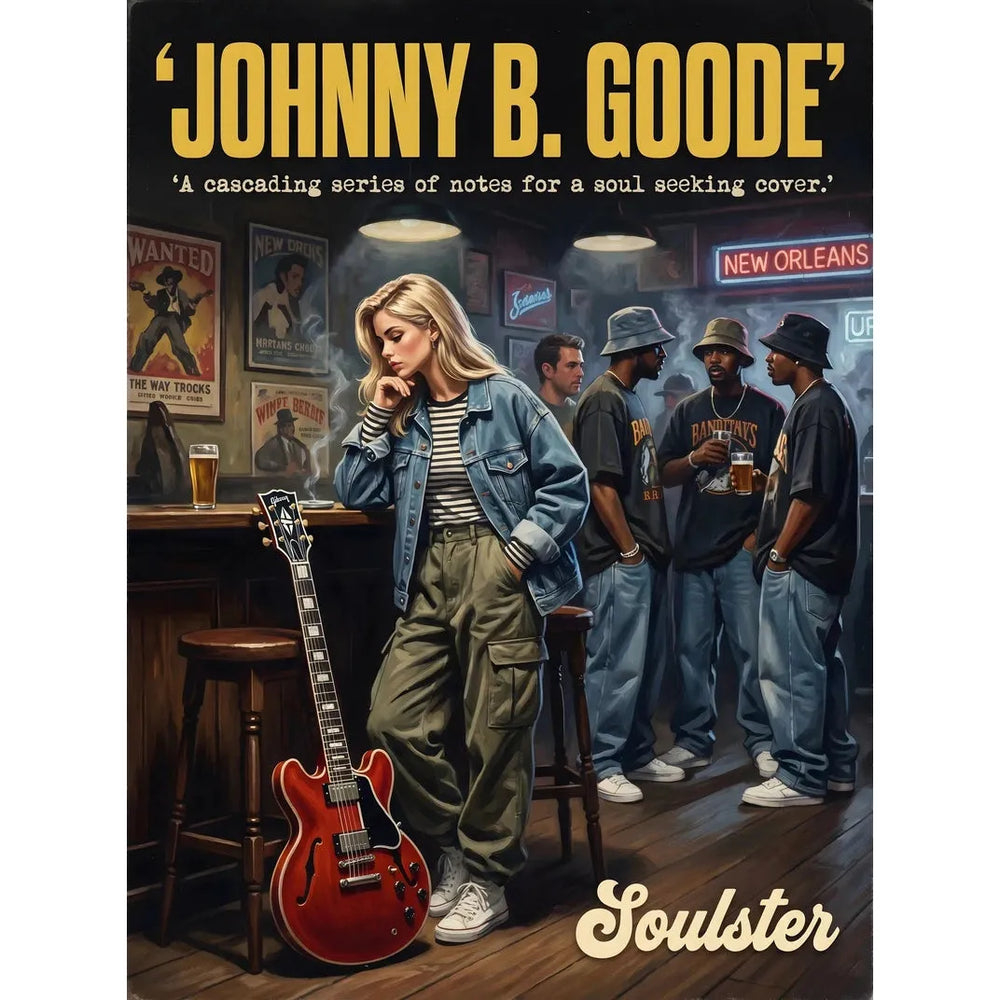 Soulster cinematic vintage pulp book cover art print illustration styled in a classic 1990s theme inspired by Johnny B. Goode.