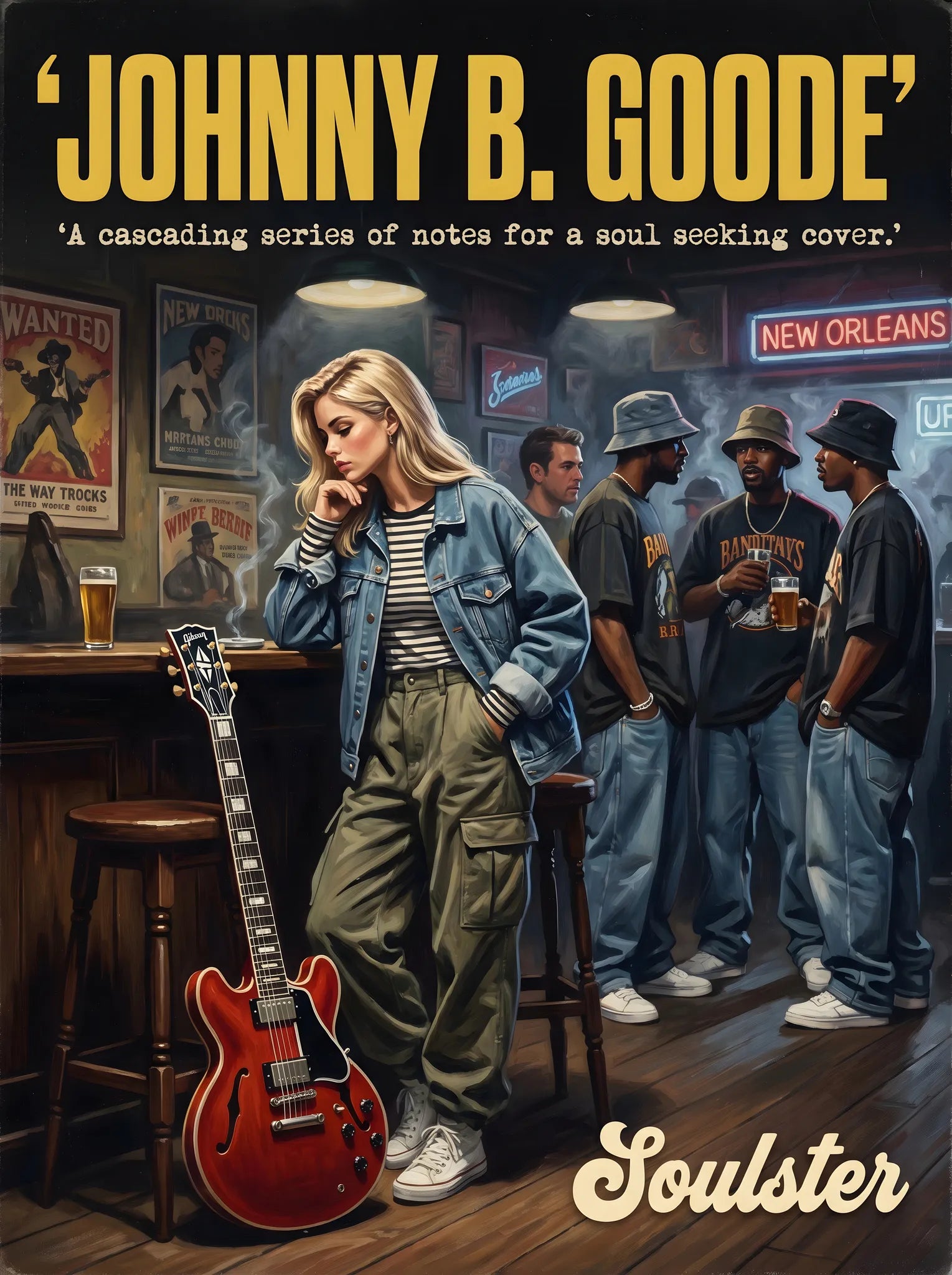 Soulster cinematic vintage pulp book cover art print illustration styled in a classic 1990s theme inspired by Johnny B. Goode.