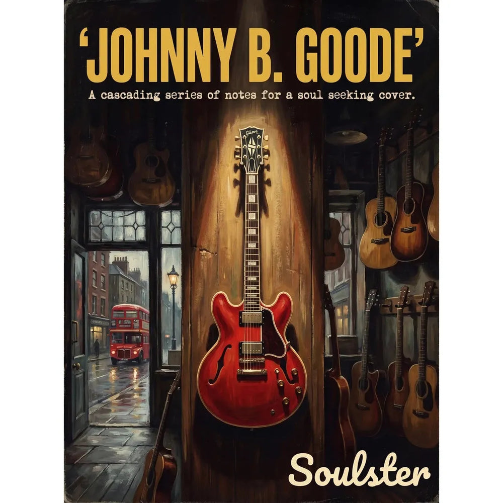 Soulster Manchester Edition wall art print showing a cinematic pulp style design of a Gibson ES-355 Custom inspired by Johnny B. Goode - London.