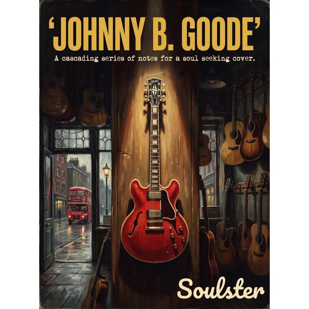 Soulster Manchester Edition wall art print showing a cinematic pulp style design of a Gibson ES-355 Custom inspired by Johnny B. Goode - London.