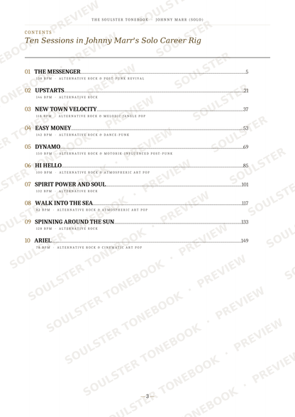 A printed table of contents page from 'The Soulster Concerto' featuring ten sessions of Johnny Marr's solo career gig, with song titles, dates, venues, and page numbers on a white background with diagonal watermark text.