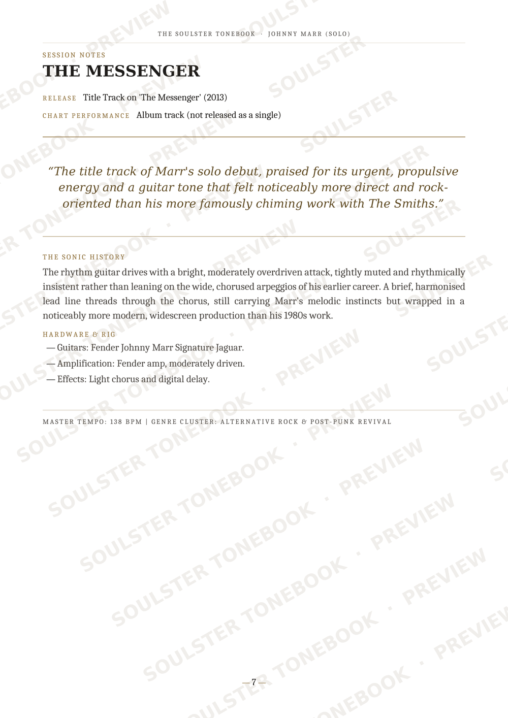 A page from a music book or album booklet featuring track information for The Messengers' 'The Holster Companion' album, including release details, track list, and a quote about the title track, with repeated Soulister watermark text across the page.