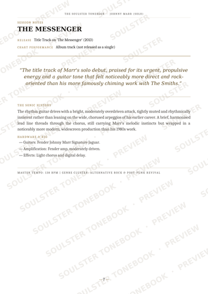 A page from a music book or album booklet featuring track information for The Messengers' 'The Holster Companion' album, including release details, track list, and a quote about the title track, with repeated Soulister watermark text across the page.