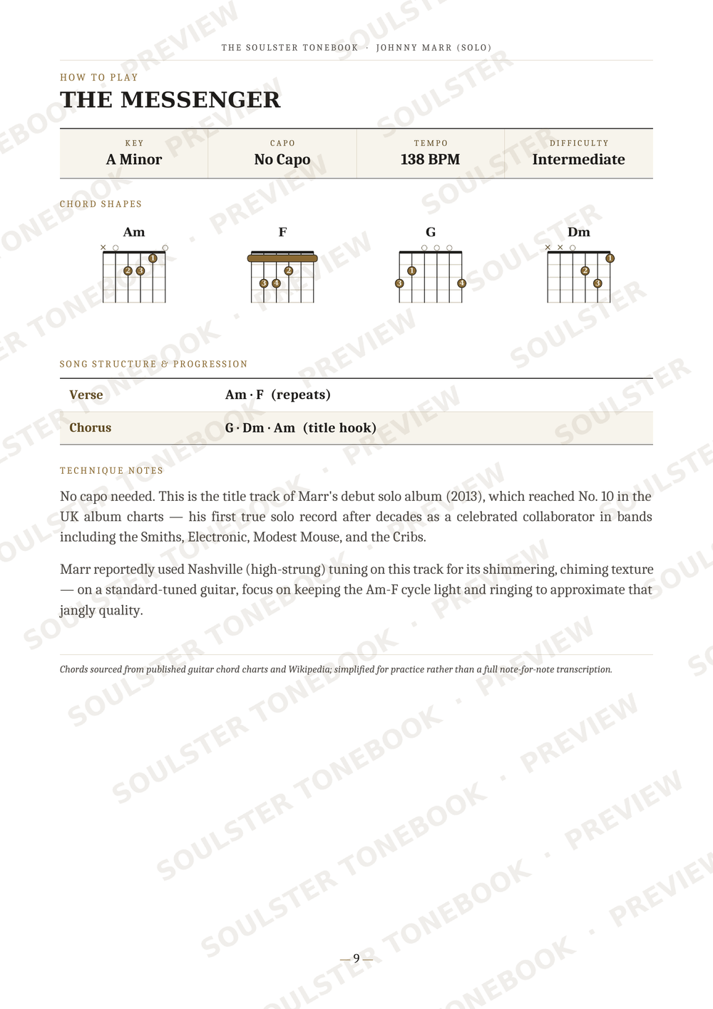 A guitar chord chart titled 'THE MESSENGER' from Soulster Tonebook, showing chord names, strumming patterns, and guitar chord diagrams for Am, F, G, and Dm, with song details for Johnny Marks' solo album.