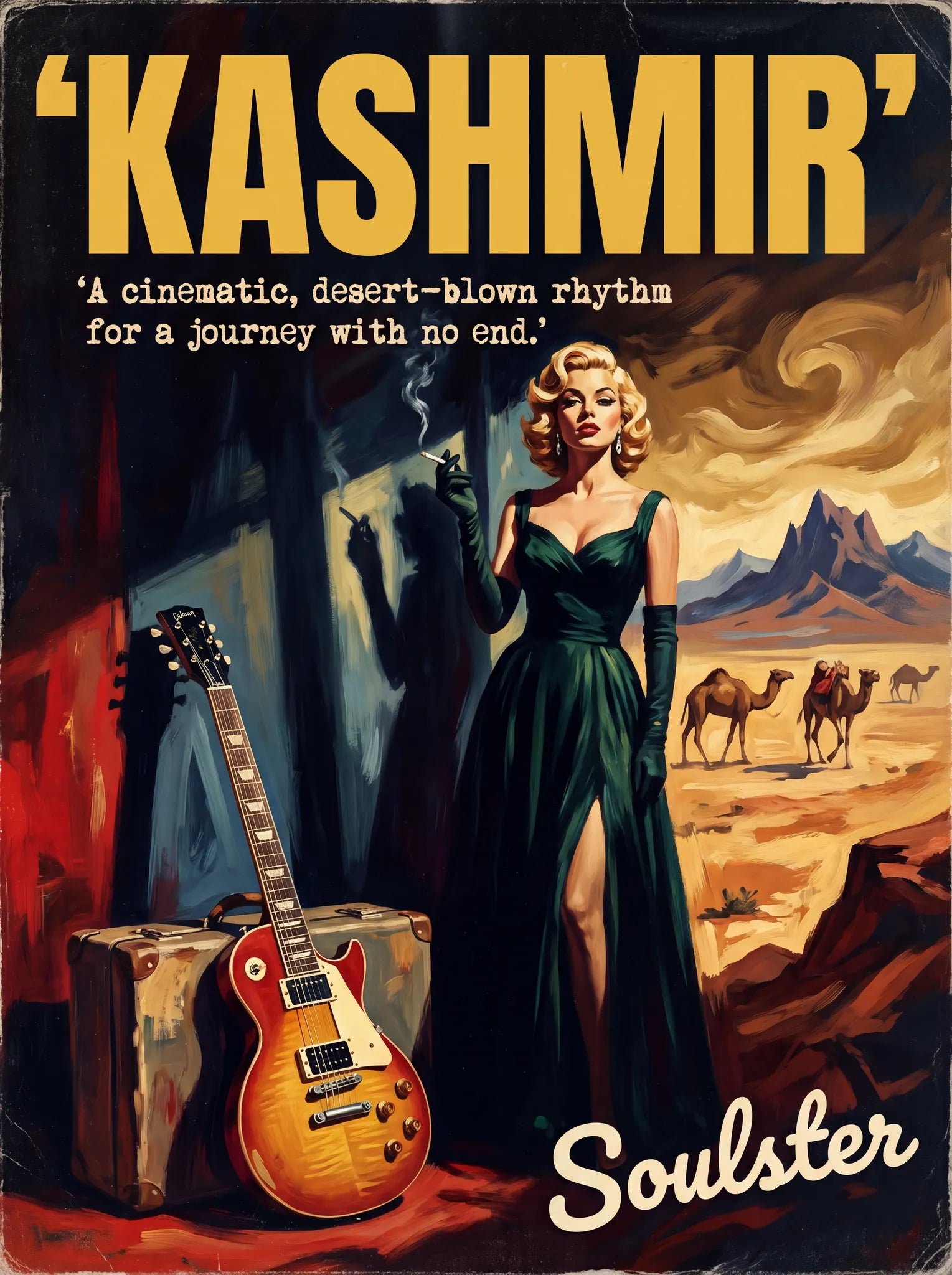 Soulster cinematic vintage pulp book cover art print illustration styled in a classic 1950s design layout inspired by Kashmir.