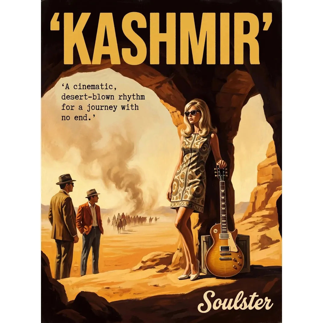 Soulster cinematic vintage pulp book cover art print illustration styled in a classic 1960s design layout inspired by Kashmir.