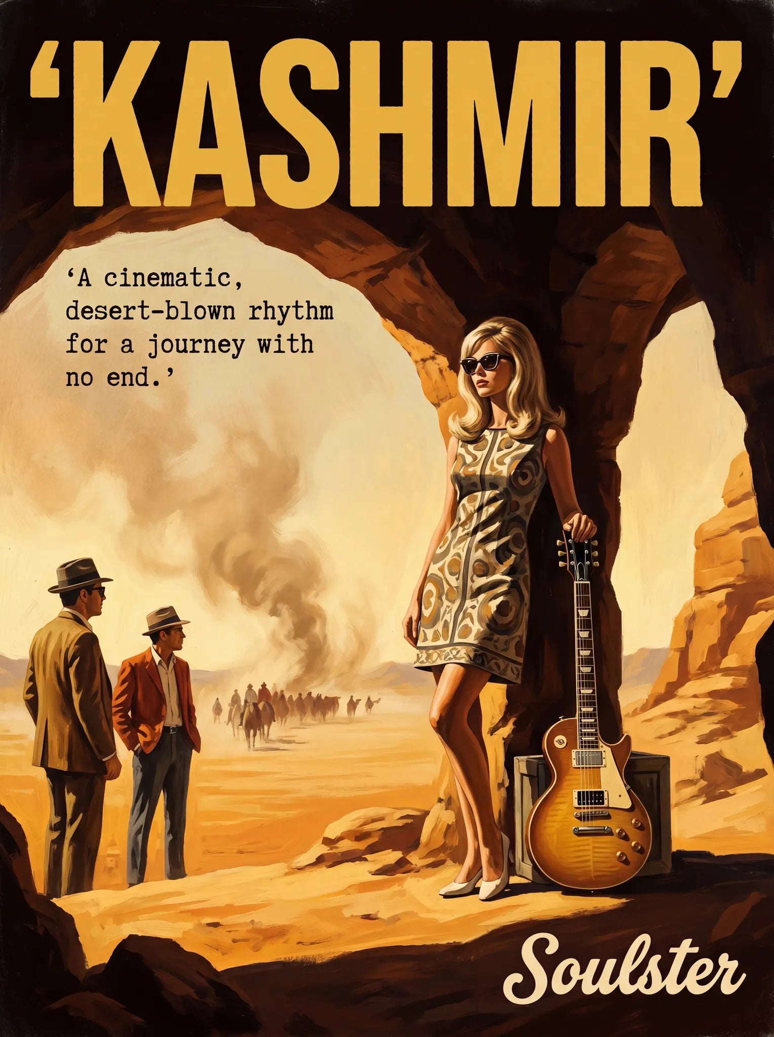 Soulster cinematic vintage pulp book cover art print illustration styled in a classic 1960s design layout inspired by Kashmir.