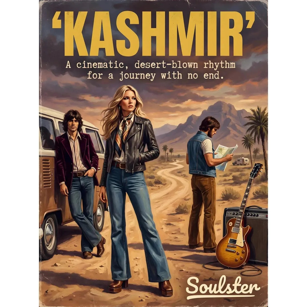 Soulster cinematic vintage pulp book cover art print illustration styled in a classic 1970s design layout inspired by Kashmir.