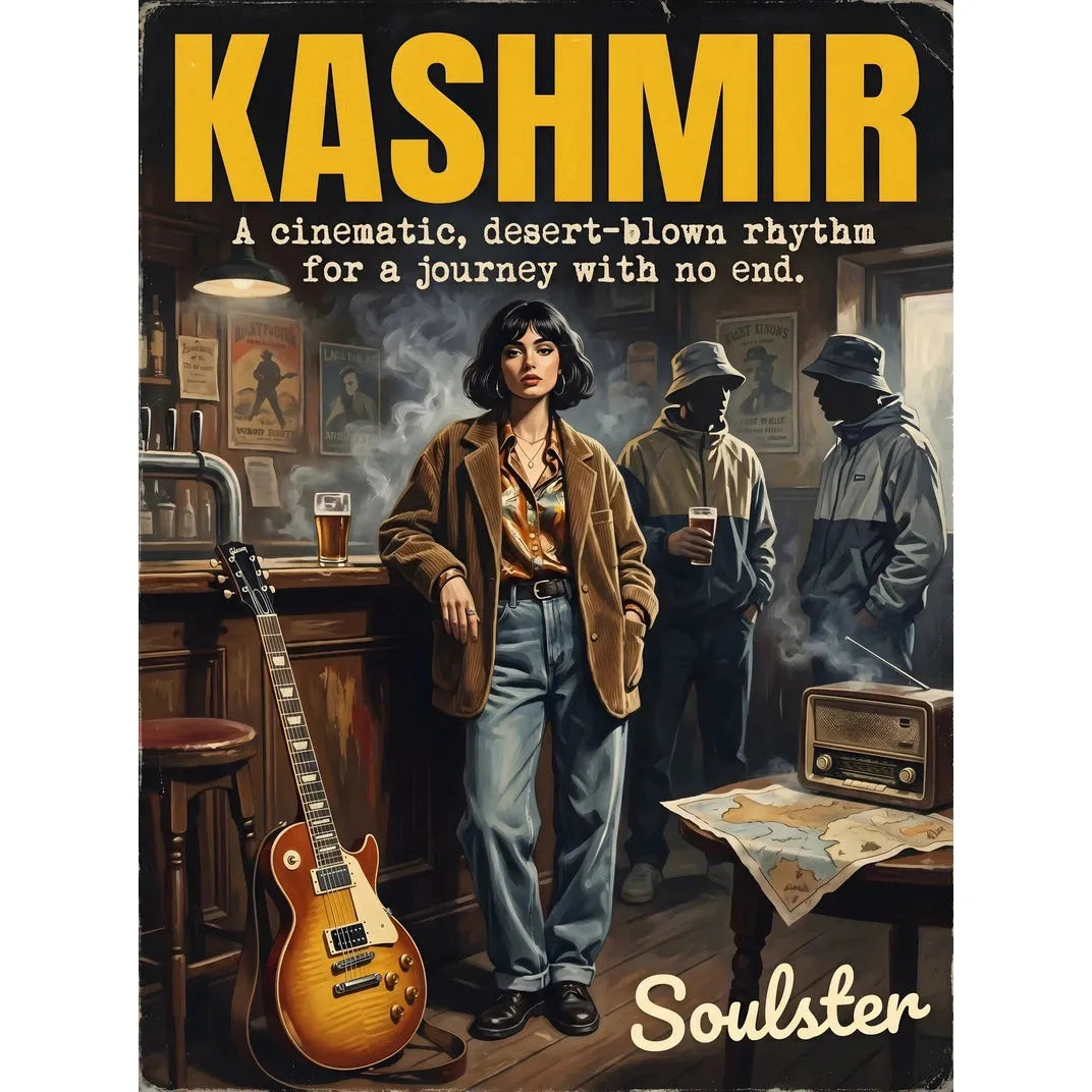 Soulster cinematic vintage pulp book cover art print illustration styled in a classic 1990s design layout inspired by Kashmir.
