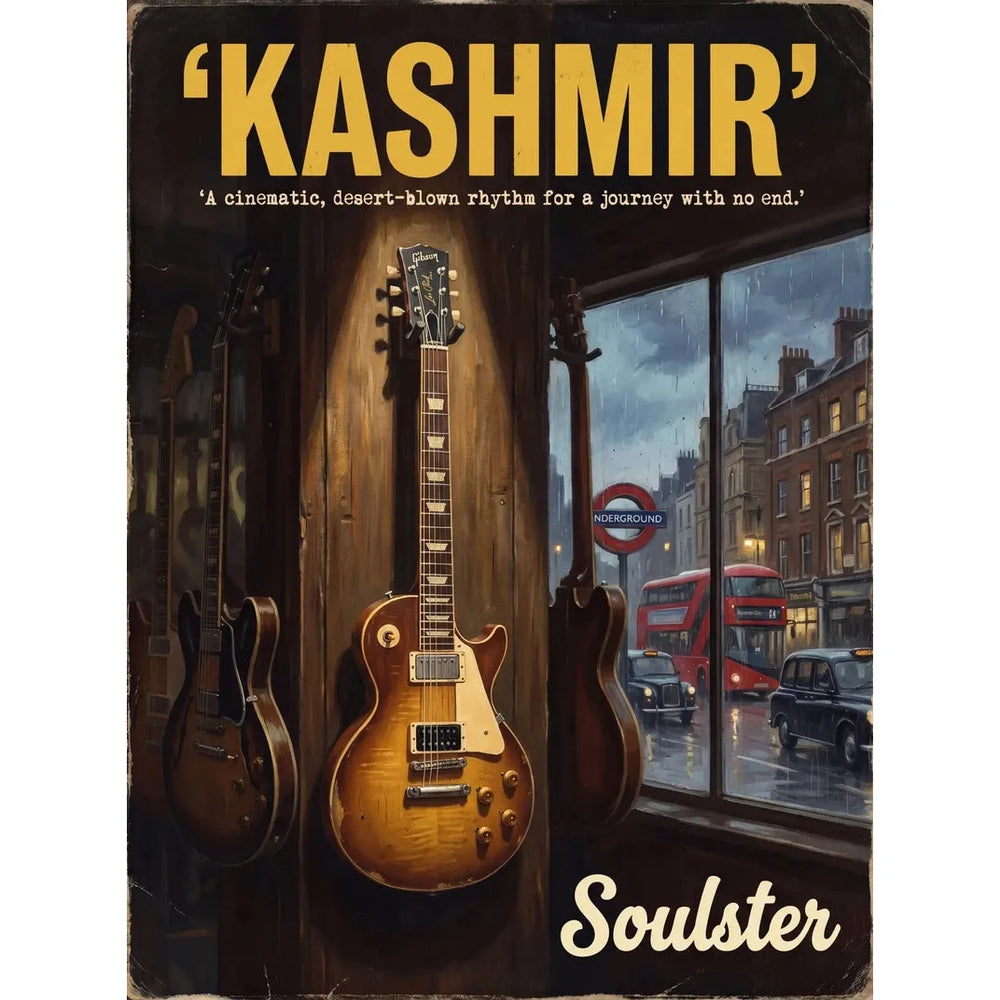 Soulster Manchester Edition wall art print showing a cinematic pulp style design of a Gibson Les Paul Standard inspired by Kashmir - London.