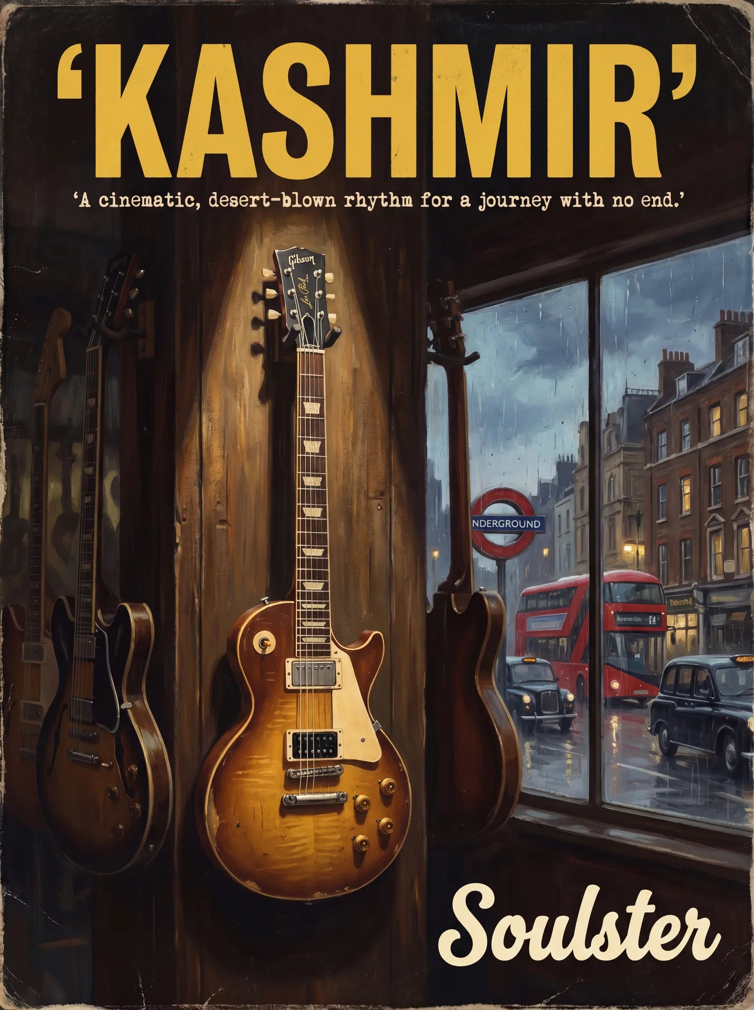 Soulster Manchester Edition wall art print showing a cinematic pulp style design of a Gibson Les Paul Standard inspired by Kashmir - London.