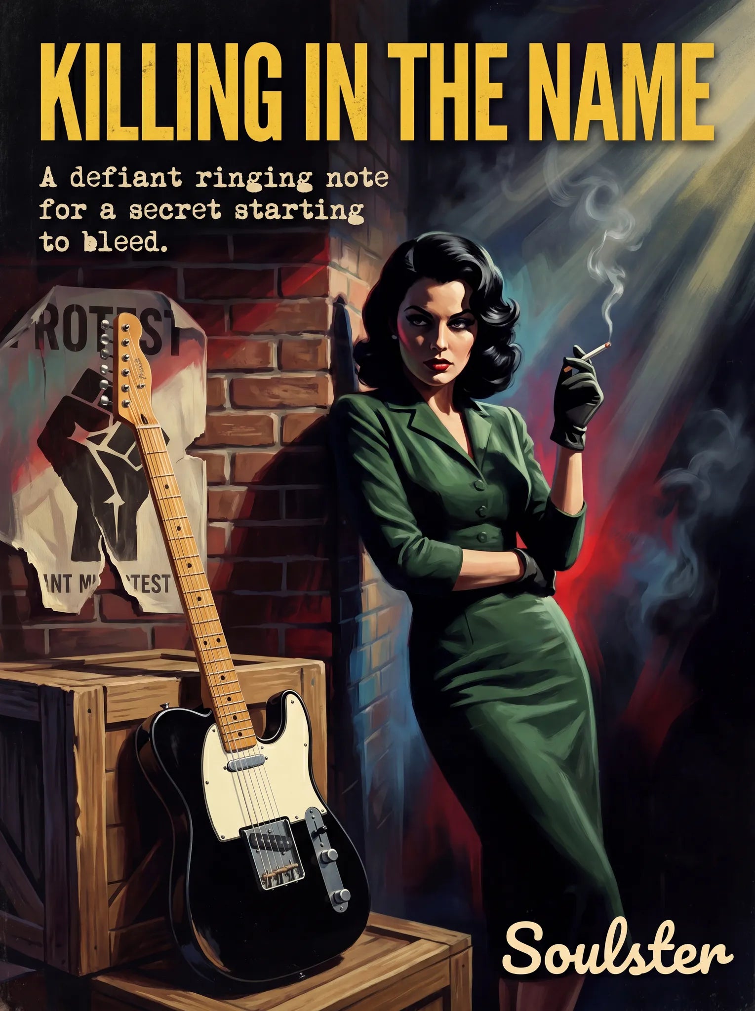 Soulster cinematic vintage pulp book cover art print illustration styled in a classic 1950s design layout inspired by Killing In The Name.