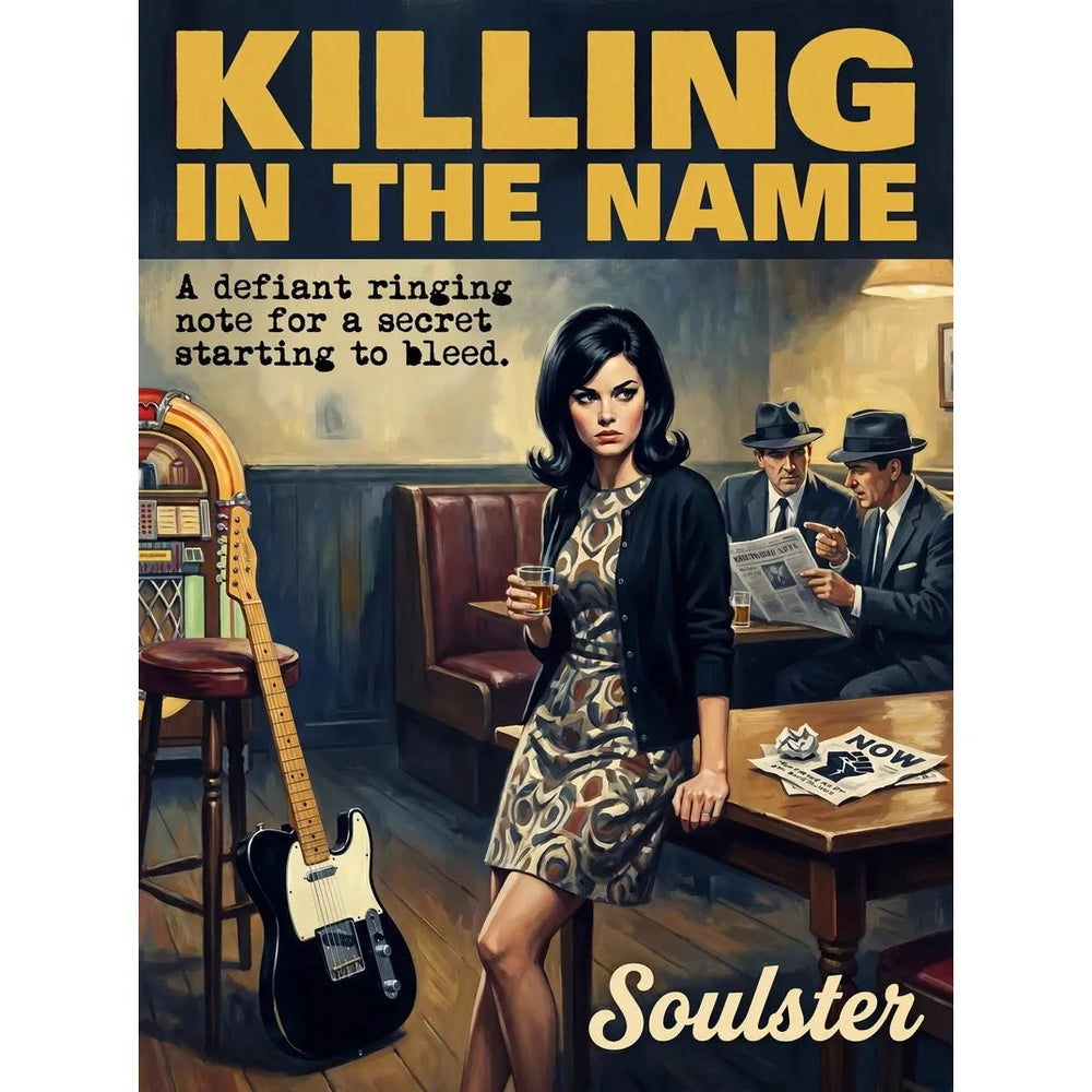 Soulster cinematic vintage pulp book cover art print illustration styled in a classic 1960s design layout inspired by Killing In The Name.