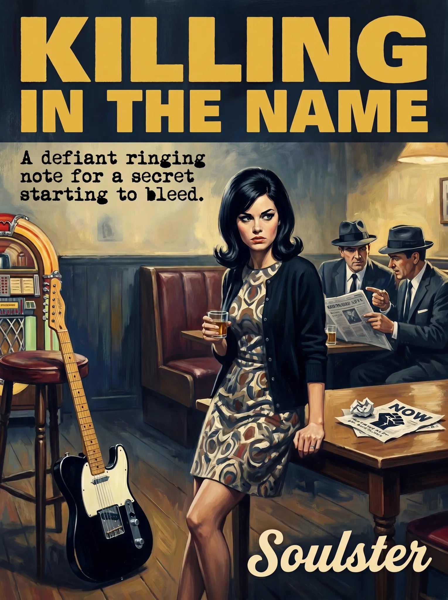 Soulster cinematic vintage pulp book cover art print illustration styled in a classic 1960s design layout inspired by Killing In The Name.