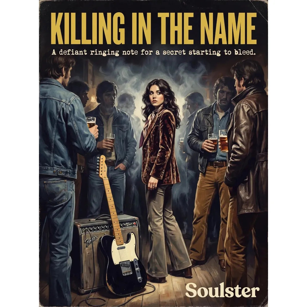 Soulster cinematic vintage pulp book cover art print illustration styled in a classic 1970s design layout inspired by Killing In The Name.