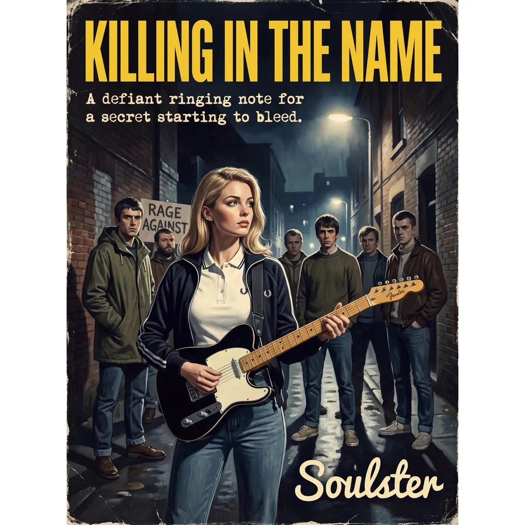 Soulster retro pulp thriller book cover style art print illustration inspired by Alternative Indie - Killing In The Name.