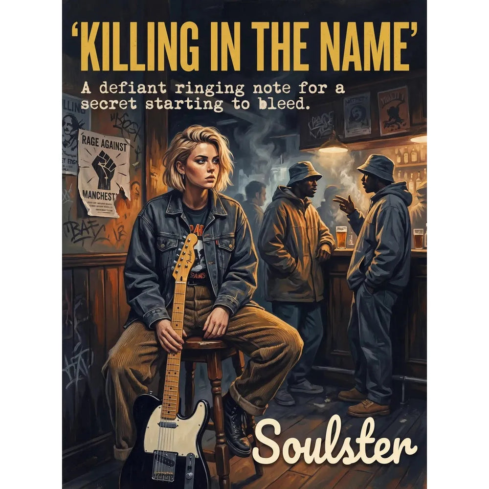 Soulster cinematic vintage pulp book cover art print illustration styled in a classic 1990s design layout inspired by Killing In The Name.
