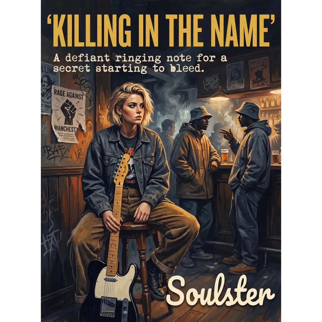 Soulster cinematic vintage pulp book cover art print illustration styled in a classic 1990s design layout inspired by Killing In The Name.