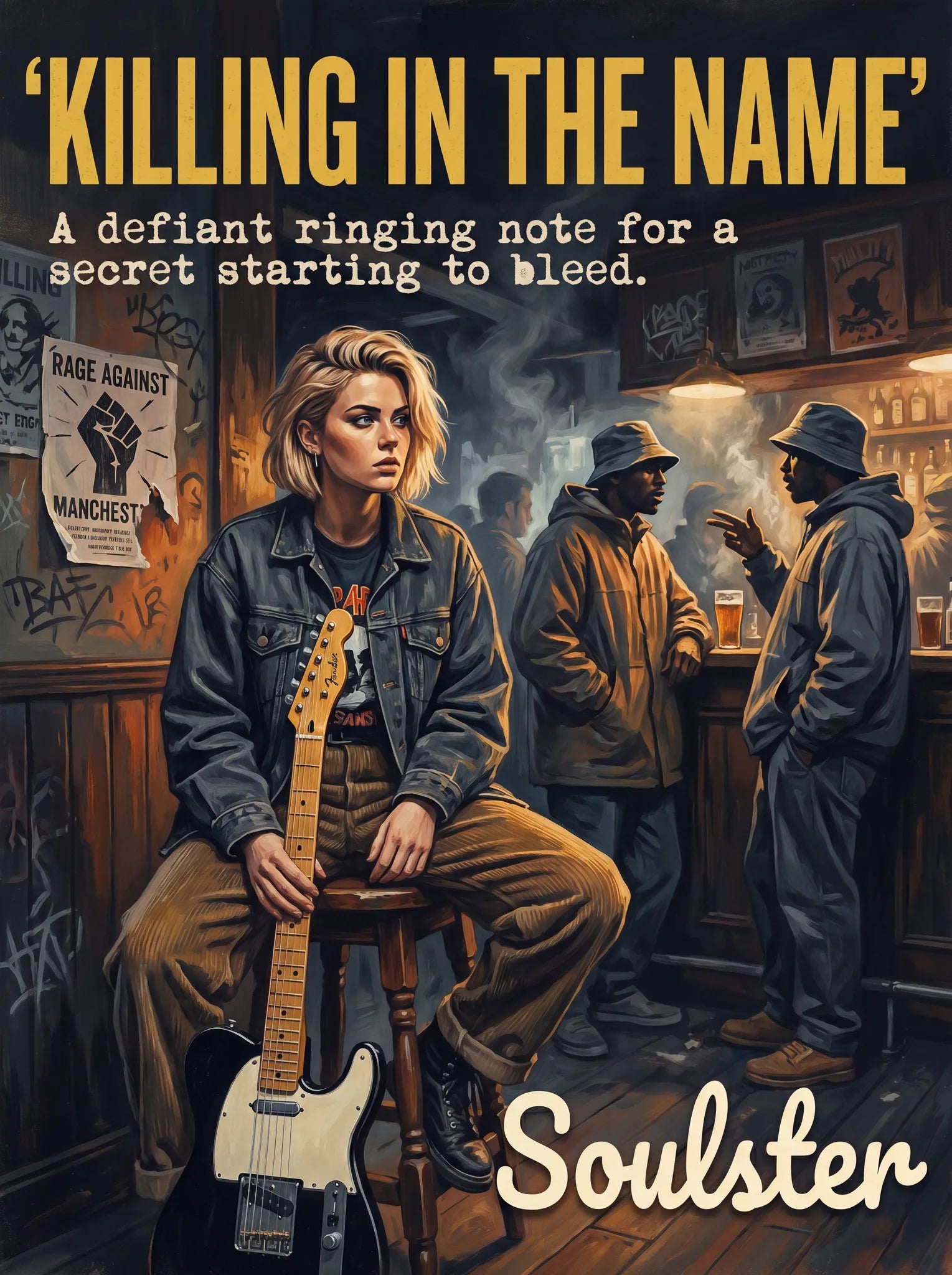 Soulster cinematic vintage pulp book cover art print illustration styled in a classic 1990s design layout inspired by Killing In The Name.