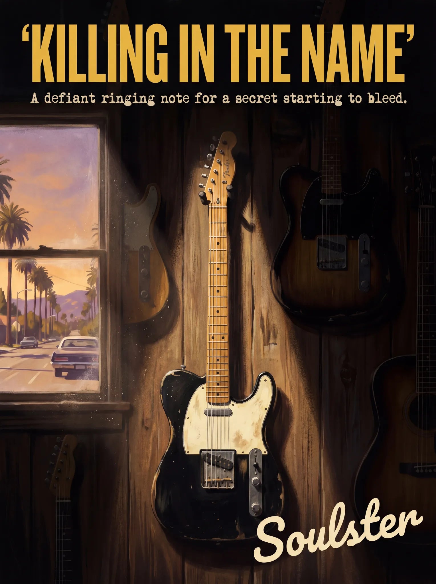Soulster Manchester Edition wall art print showing a cinematic pulp style design of a Vintage Guitar inspired by Killing In The Name - Los Angeles.