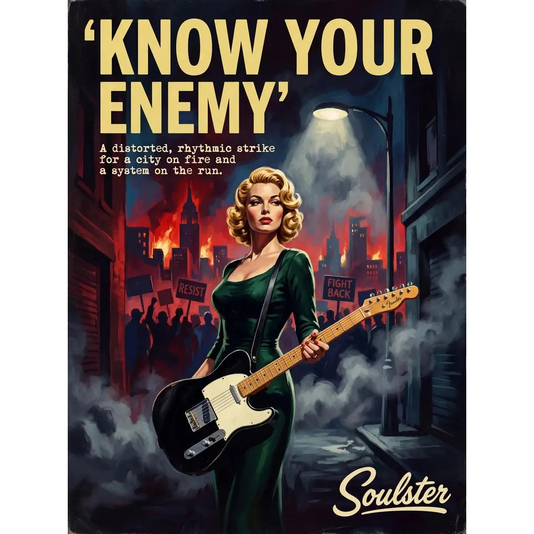 Soulster cinematic vintage pulp book cover art print illustration styled in a classic 1950s design layout inspired by Know Your Enemy.