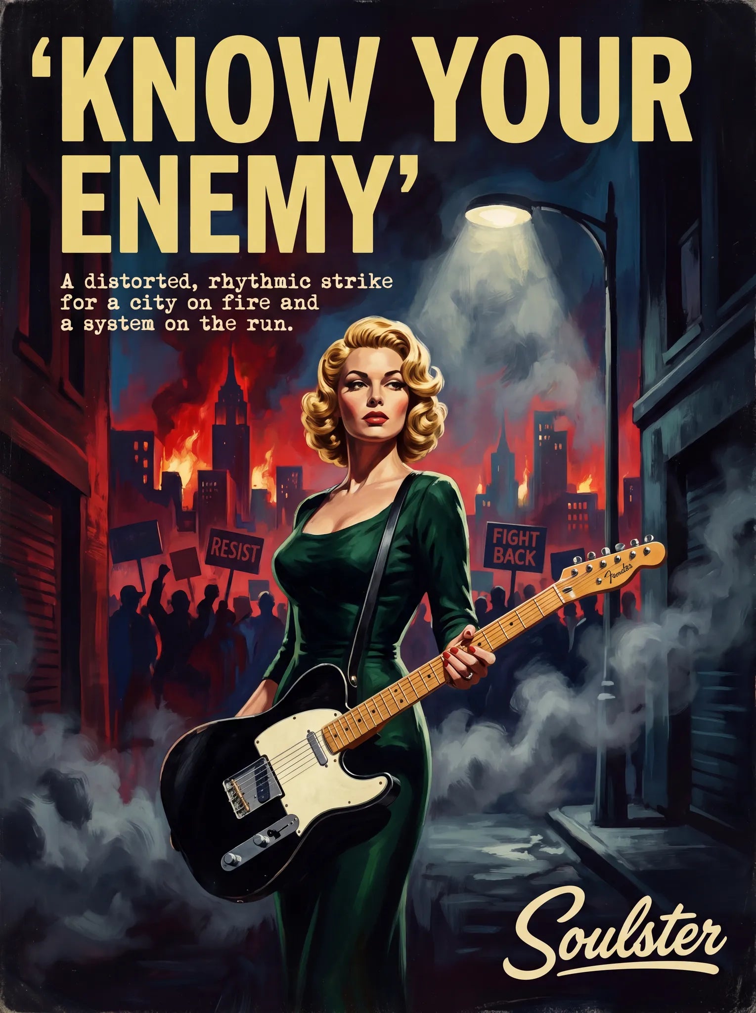 Soulster cinematic vintage pulp book cover art print illustration styled in a classic 1950s design layout inspired by Know Your Enemy.