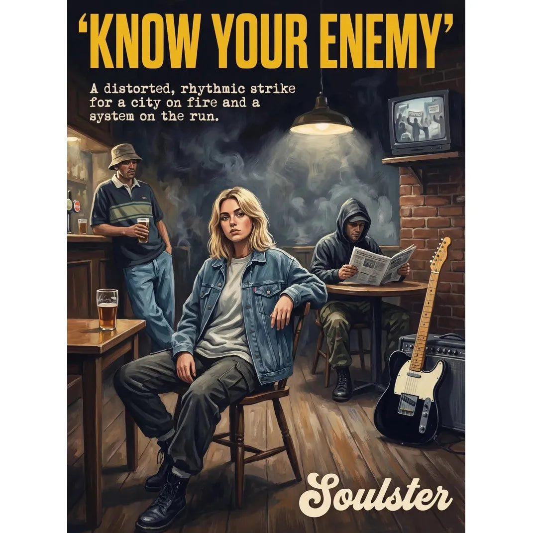 Soulster cinematic vintage pulp book cover art print illustration styled in a classic 1990s design layout inspired by Know Your Enemy.