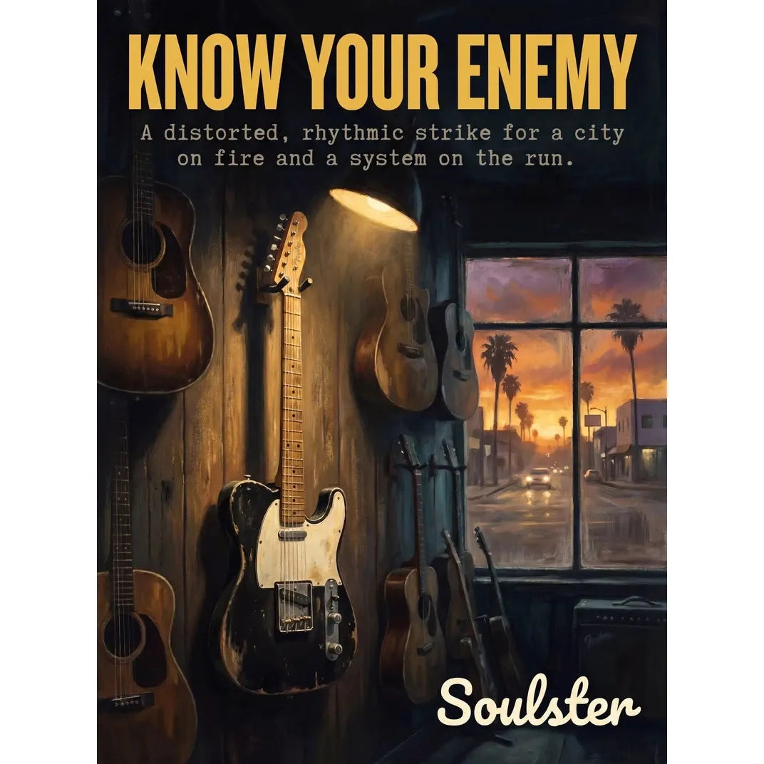 Soulster Manchester Edition wall art print showing a cinematic pulp style design of a Vintage Guitar inspired by Know Your Enemy - Los Angeles.