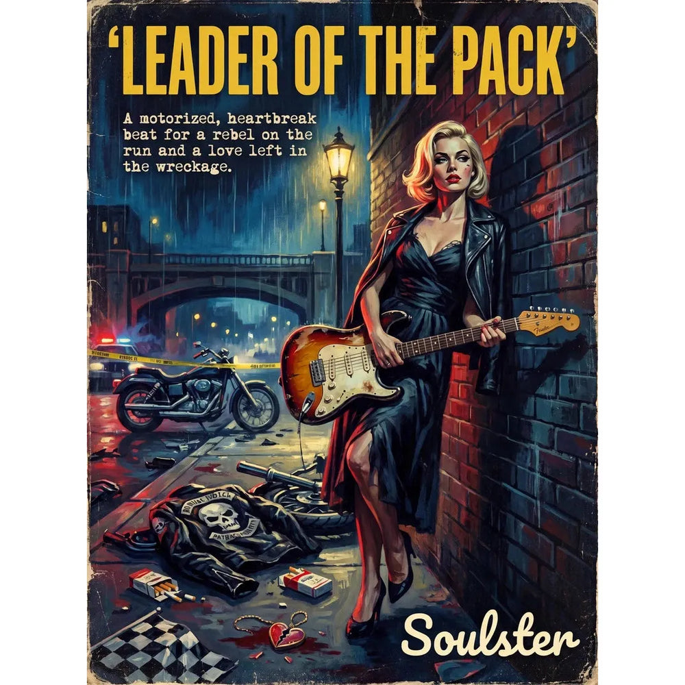 Soulster cinematic vintage pulp book cover art print illustration styled in a classic 1950s theme inspired by Leader Of The Pack.