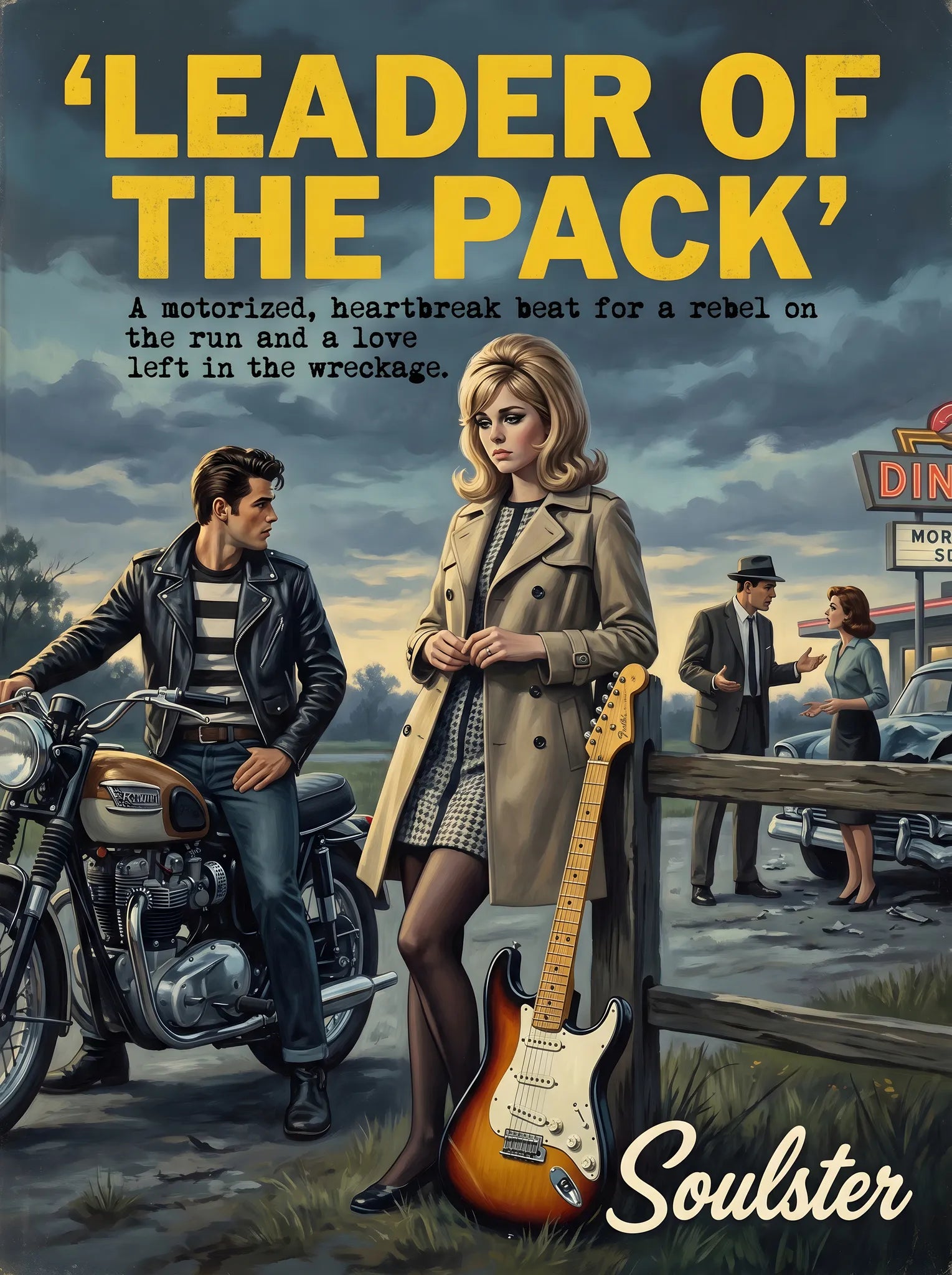 Soulster cinematic vintage pulp book cover art print illustration styled in a classic 1960s theme inspired by Leader Of The Pack.