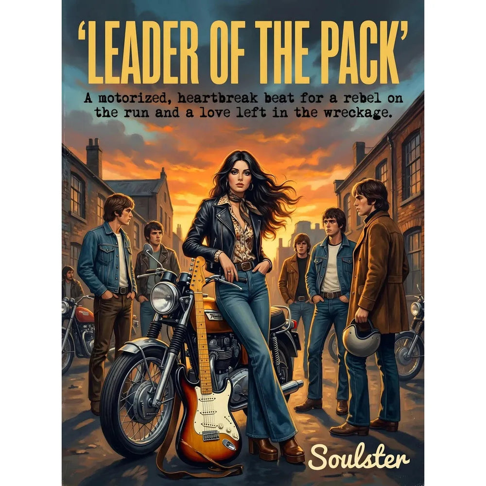 Soulster cinematic vintage pulp book cover art print illustration styled in a classic 1970s theme inspired by Leader Of The Pack.