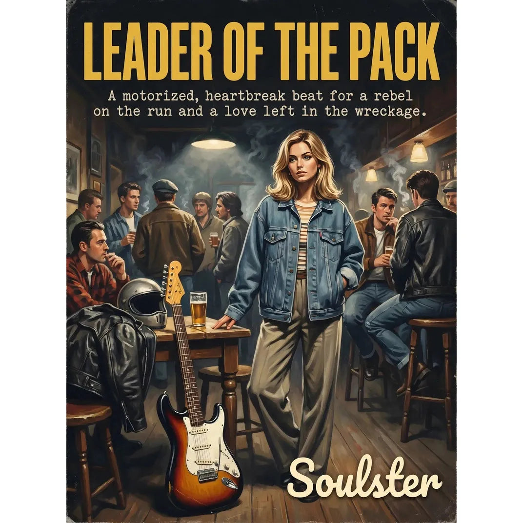 Soulster cinematic vintage pulp book cover art print illustration styled in a classic 1990s theme inspired by Leader Of The Pack.