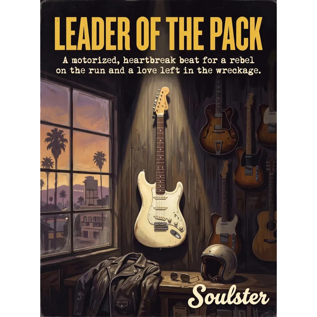Soulster Manchester Edition wall art print showing a cinematic pulp style design of a Vintage Guitar inspired by Leader Of The Pack - Los Angeles.