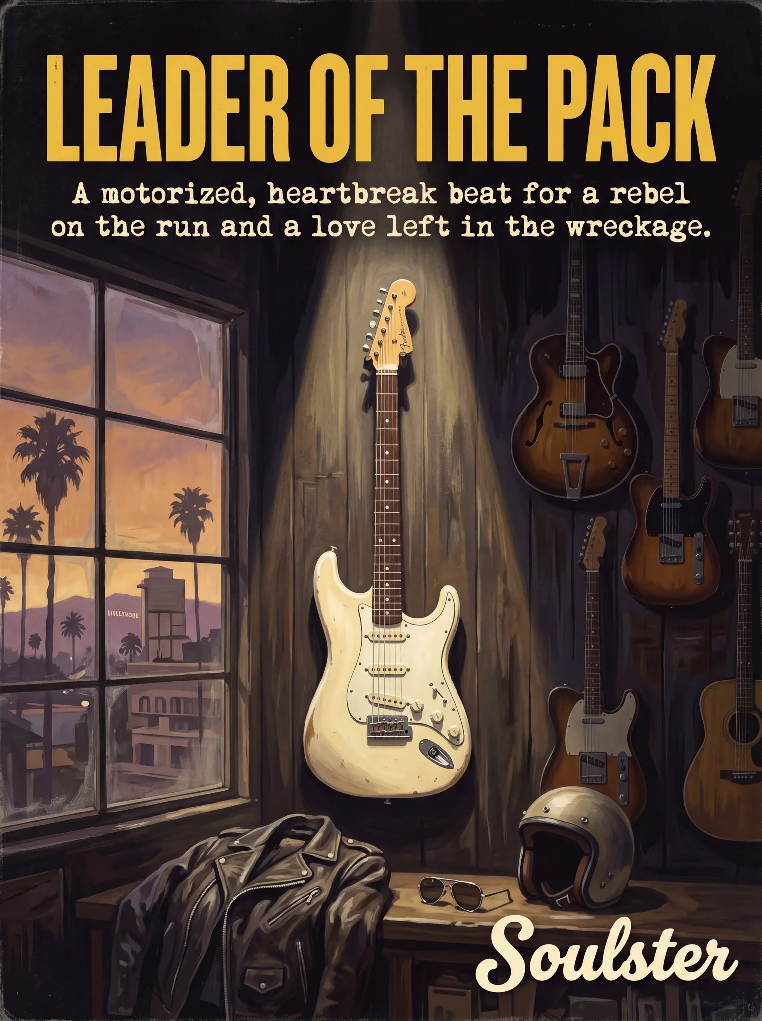 Soulster Manchester Edition wall art print showing a cinematic pulp style design of a Vintage Guitar inspired by Leader Of The Pack - Los Angeles.