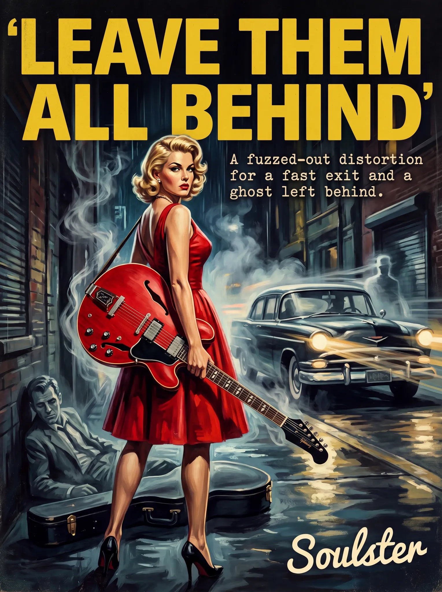 Soulster cinematic vintage pulp book cover art print illustration styled in a classic 1950s design layout inspired by Leave Them All Behind.