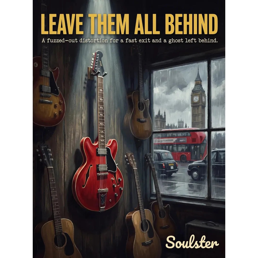 Soulster Manchester Edition wall art print showing a cinematic pulp style design of a Vintage Guitar inspired by Leave Them All Behind - London.