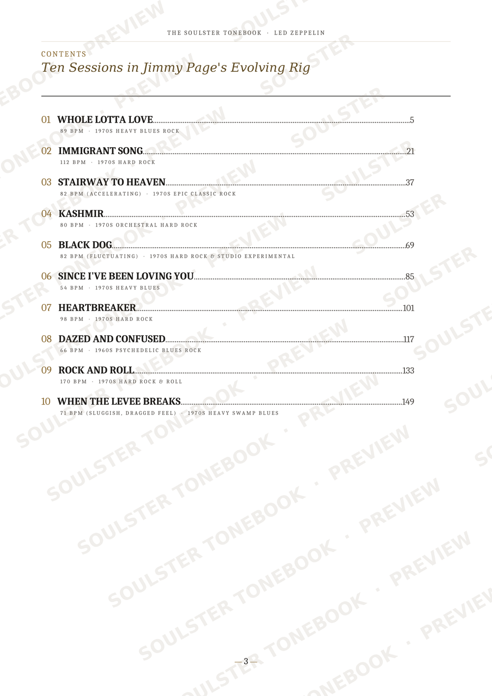 A printed table of contents page from The Soulster Tourbook featuring Led Zeppelin's 'Ten Sessions in Jimmy Page's Evolving Rig', with song titles, numbers, and page numbers on a white page with diagonal watermark text.