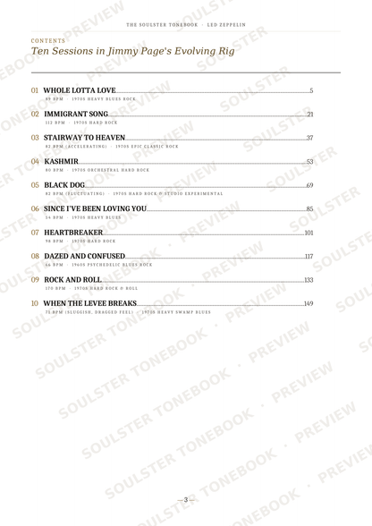 A printed table of contents page from The Soulster Tourbook featuring Led Zeppelin's 'Ten Sessions in Jimmy Page's Evolving Rig', with song titles, numbers, and page numbers on a white page with diagonal watermark text.