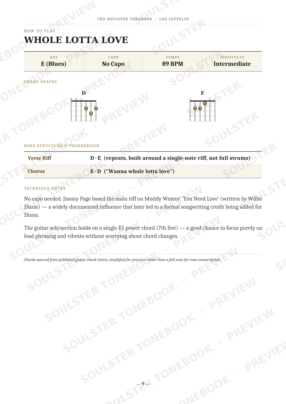 A printed guitar instruction sheet titled 'Whole Lotta Love' from The Solitude Book 1-2-3 Zeppelin, showing song details, chord charts, and fretboard diagrams on a white page with diagonal watermark text.