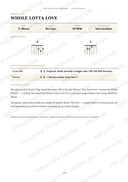 A printed guitar instruction sheet titled 'Whole Lotta Love' from The Solitude Book 1-2-3 Zeppelin, showing song details, chord charts, and fretboard diagrams on a white page with diagonal watermark text.
