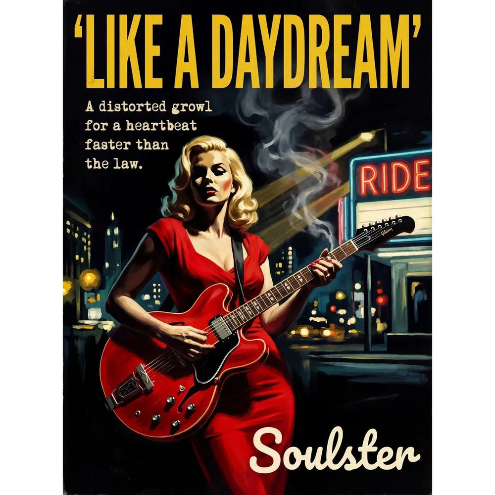 Soulster cinematic vintage pulp book cover art print illustration styled in a classic 1950s design layout inspired by Like A Daydream.
