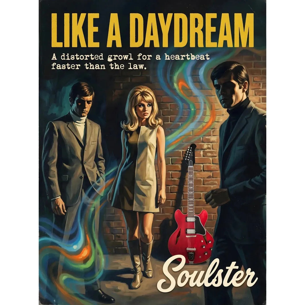 Soulster cinematic vintage pulp book cover art print illustration styled in a classic 1960s design layout inspired by Like A Daydream.