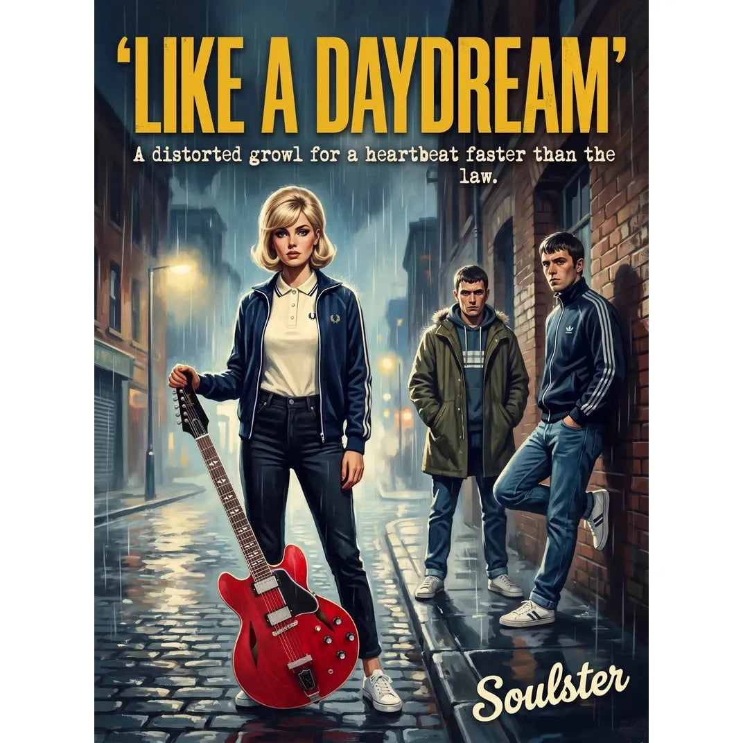 Soulster retro pulp thriller book cover style art print illustration inspired by Alternative Indie - Like A Daydream.