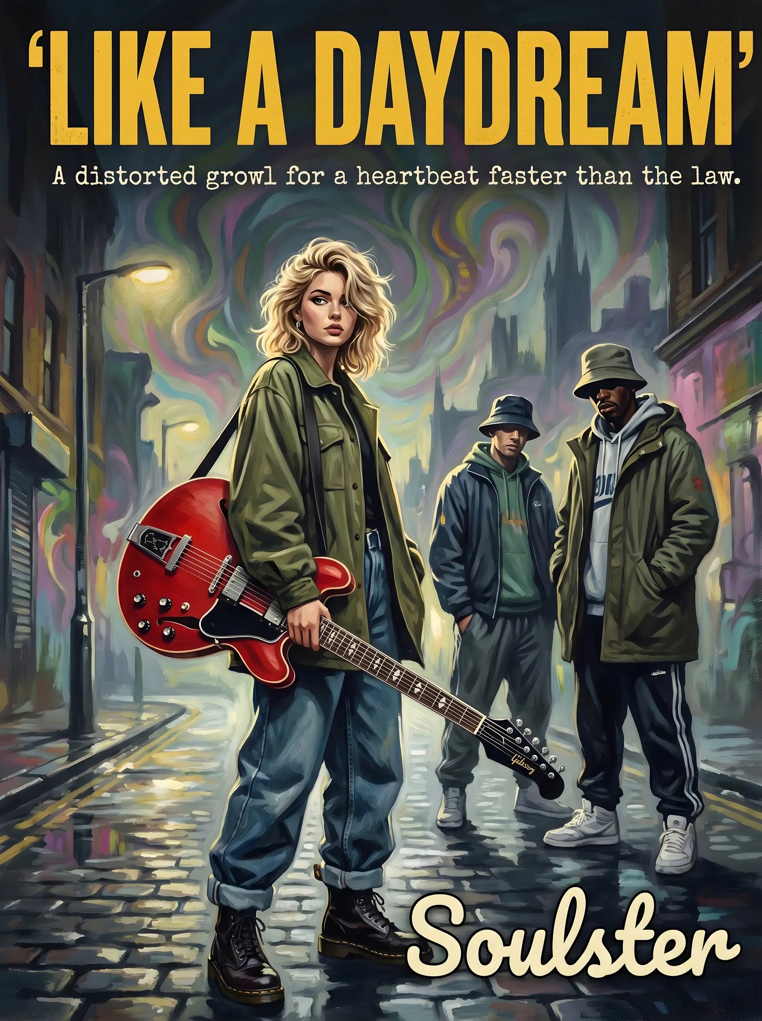 Soulster cinematic vintage pulp book cover art print illustration styled in a classic 1990s design layout inspired by Like A Daydream.