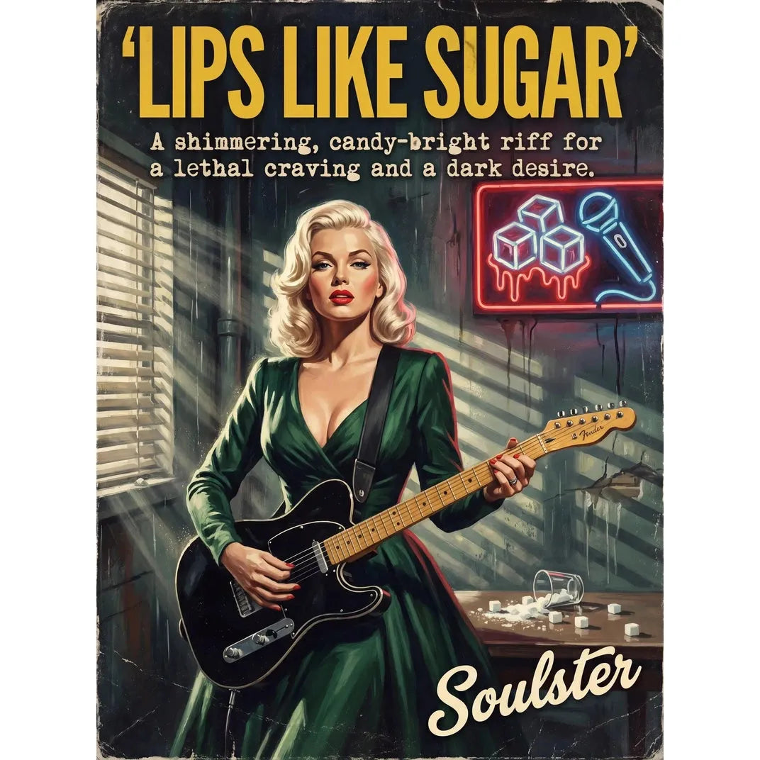 Soulster cinematic vintage pulp book cover art print illustration styled in a classic 1950s design layout inspired by Lips Like Sugar.