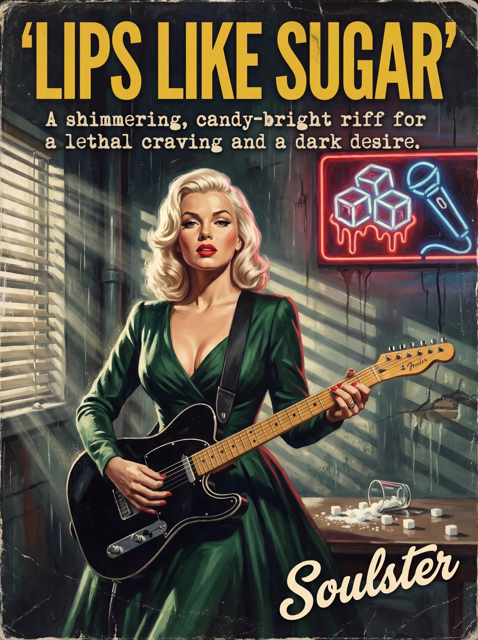 Soulster cinematic vintage pulp book cover art print illustration styled in a classic 1950s design layout inspired by Lips Like Sugar.